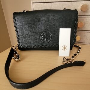 Tory Burch Black Marion Whipstitch Crossbody with Gold Chain